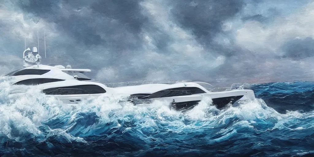 Image similar to motor yacht in a turbulent sea, 8 k, expressive, highly detailed, aiwasowski style,