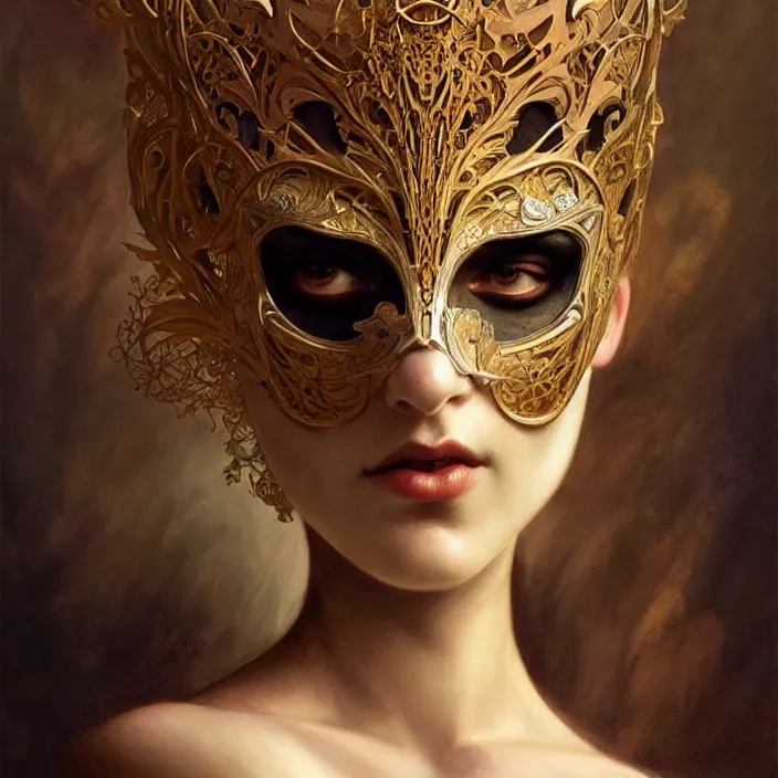 Prompt: Mask under Mask under mask, dramatic lighting, fantasy, intricate, elegant, highly detailed, lifelike, photorealistic, digital painting, artstation, illustration, concept art, smooth, sharp focus, art by John Collier and Albert Aublet and Krenz Cushart and Artem Demura and Alphonse Mucha