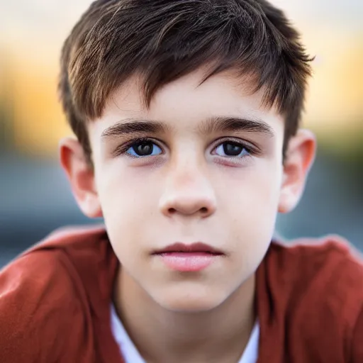 Image similar to a closeup portrait of a boy with brown hair and brown eyes. Extremely clear and high quality eyes with reflection in this, realistic face and details, clear lips and high quality