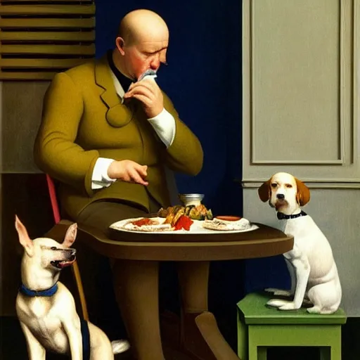 Image similar to a boring man and his dog sharing a meal by Raphael, Hopper, and Rene Magritte. detailed, romantic, enchanting, trending on artstation.