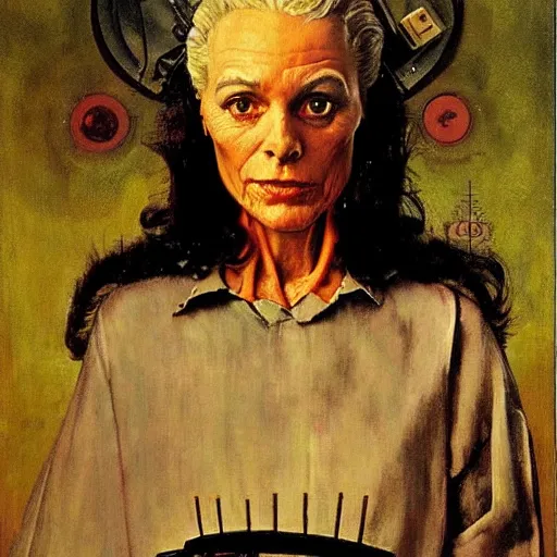 Prompt: Face portrait of a science fiction witch. Painting by Norman Rockwell.