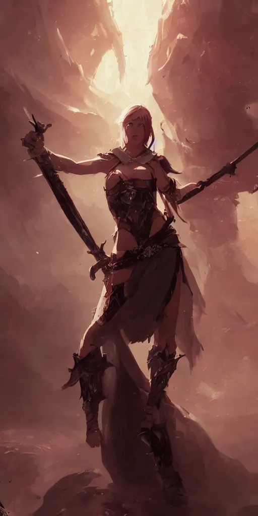 Prompt: character concept, fantasy warrior girl, seducing pose, sword, greg rutkowski detailed, cinematic