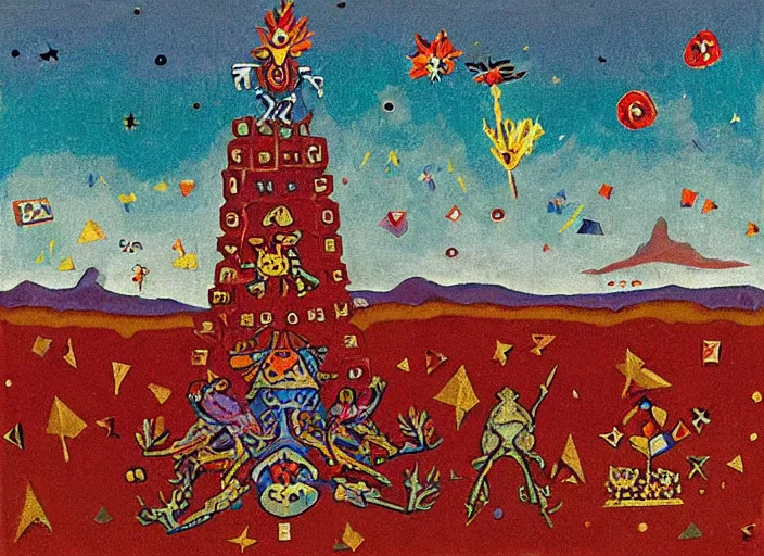 Image similar to pixel decollage painting tarot lovers card composition tower of babel road red armor maggot bear and wonky alien frog skeleton knight on a horse in a dark red cloudy night sky with golden foil jewish stars and diamonds, mountain lake and blossoming field in background, painted by Mark Rothko, Helen Frankenthaler, Danny Fox and Hilma af Klint, pixelated, neo expressionism, semi naive, pastel colors, cinematic, color field painting, cave painting, voxel, pop art look, outsider art, minimalistic. Bill Traylor painting, part by Philip Guston, Amano and Francis Bacon. art by Adrian Ghenie and Storm Thorgerson, very coherent symmetrical artwork, cinematic, hyper realism, high detail, octane render, unreal engine, Smooth gradients, depth of field, full body character drawing, extremely detailed, 8k, extreme detail, intricate detail, masterpiece