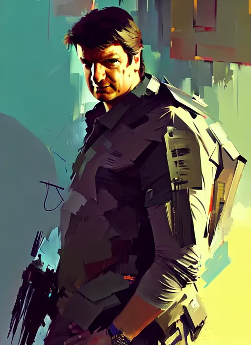 Prompt: young nathan fillion portrait, style by simon bisley, ismail inceoglu, wadim kashin, filip hodas, benedick bana, and andrew atroshenko.