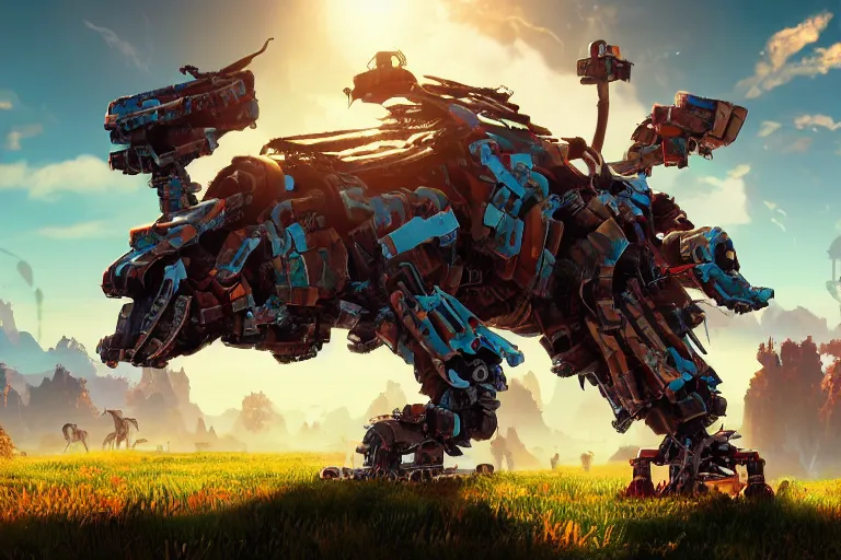 Image similar to grazer machine mecanical creature robot of horizon forbidden west horizon zero dawn radiating a glowing aura global illumination ray tracing hdr fanart arstation by ian pesty and alena aenami artworks in 4 k