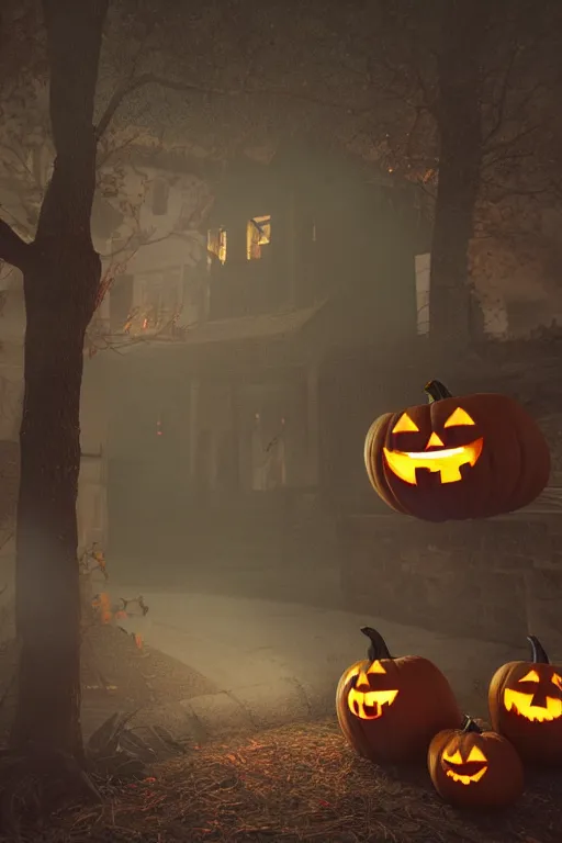 Image similar to halloween trick or treating, octane, render, 8 k, rendered in cinema 4 d, 8 k 3 d, zbrush, volumetric light, lightrays, cinematic, atmospheric, octane render, filmic, cryengine