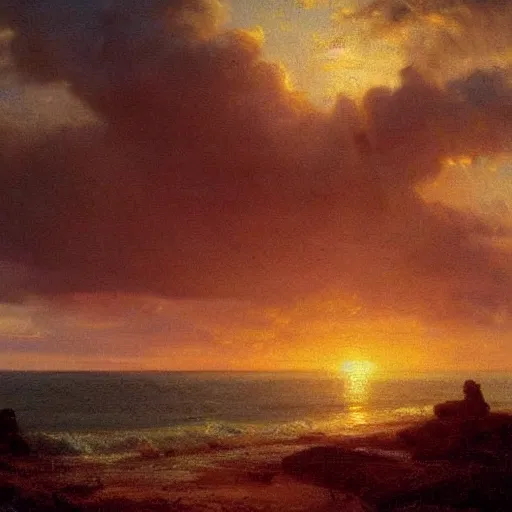 Image similar to sunset over a wooden cabin on the coast in the distance, sea, oil painting, very detailed, colorful, cinematic lighting, albert bierstadt