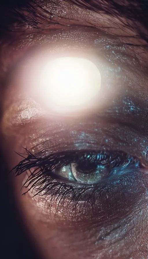 Image similar to a close up of very tired eyes, moody lighting, lens flare, atmosphere, glow, detailed, intricate, full of colour, cinematic lighting, trending on artstation, 4 k, hyperrealistic, focused, extreme details, unreal engine 5, cinematic, masterpiece