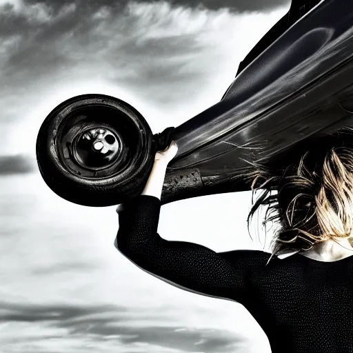 Prompt: car, bodybuilder, woman, holding, road, photo, digital art, hands, underbody, tire