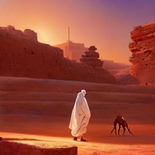 Prompt: an african moor wearing white robes pulling a robot camel through the valley of the kings, by greg rutkowski and android jones, oil on canvas, 8k, synthwave sunset