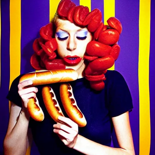 Image similar to a fashion model curls her hair using hot dogs. surreal photograph, toiletpaper magazine, 3 5 mm photograph, colourful, by pierpaolo ferrari, maurizio cattelan