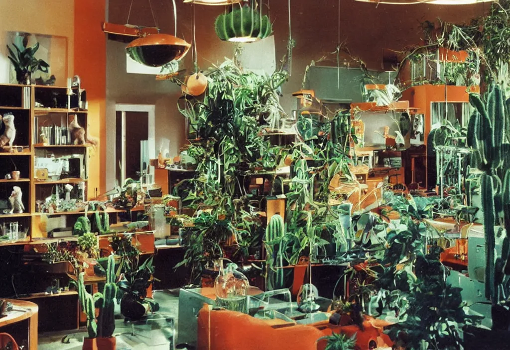 Prompt: 1970s color interior magazine photo of a science lab with glowing lava lamps, with kittens and scientists, wooden walls with framed art, and a potted cactus and some hanging plants, with dappled light coming in through a circular window showing that its dusk outside