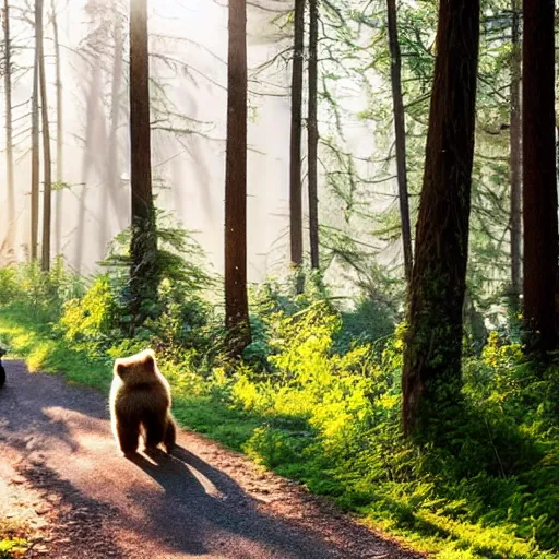 Prompt: A bear on a tricycle, riding on a nature trail in the forest, sunlight through the trees.