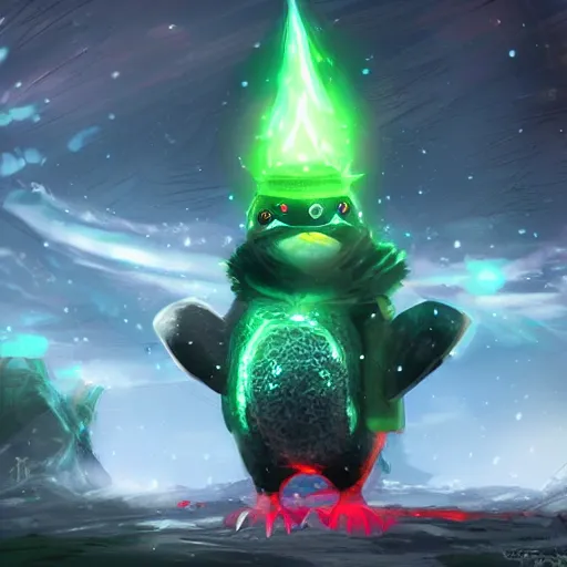 Prompt: penguin that has red glowing eyes in front of a green glowing tower in the background, guild wars 2 art style