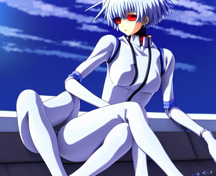 Image similar to anime art, fullbody shot of female rei ayanami, evangelion, long blue hair and large eyes, finely detailed perfect face, in a pale skintight plugsuit, sitting on rooftop, flooded city, trending on pixiv fanbox, by ilya kuvshinov, sola digital arts,, raytracing