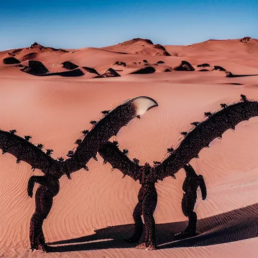 Prompt: 🐋 🦑🤖🦖🐙 👽 🐳 in desert, photography