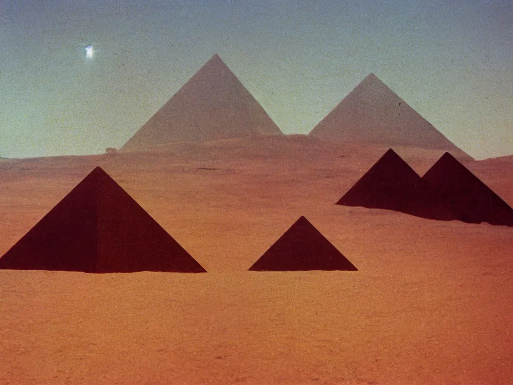Prompt: autochrome of mechanical pyramid upside-down dust volumetrics desert in the style of Straylight Dune Villeneuve, grunge, saturation, over amplified