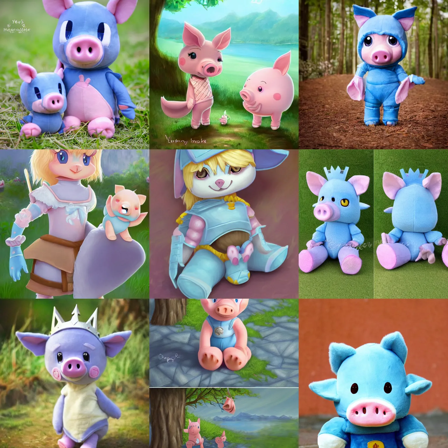 Prompt: very cute and adorable little piggy knight, big beautiful blue eyes, piglet, fantasy forest landscape, lake, pale blue outfit, plushie like, Dreamworks, Behance, Pokemon, Artstation, trending on artstation, peach and goma style, milk and mocha style, art of silverfox, Yee Chong Silverfox, Sydney Hanson, Sofya Emelenko, Elina Karimova