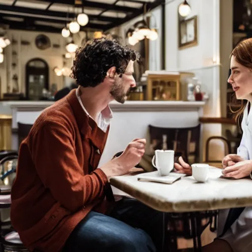 Image similar to A beautiful aesthetic portrait of a male engineer and a female doctor sitting in a victorian style cafe in Miami, 8k,