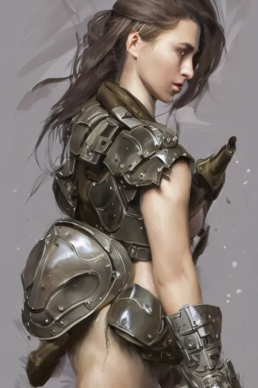 Image similar to a finely detailed painting of an attractive young woman, clothed in military-style battle armor, olive skin, long dark hair, beautiful bone structure, symmetrical facial features, intricate, elegant, digital painting, trending on Artstation, concept art, smooth, sharp focus, illustration, from Metal Gear by Ruan Jia and Mandy Jurgens and Artgerm and William-Adolphe Bouguerea, award winning