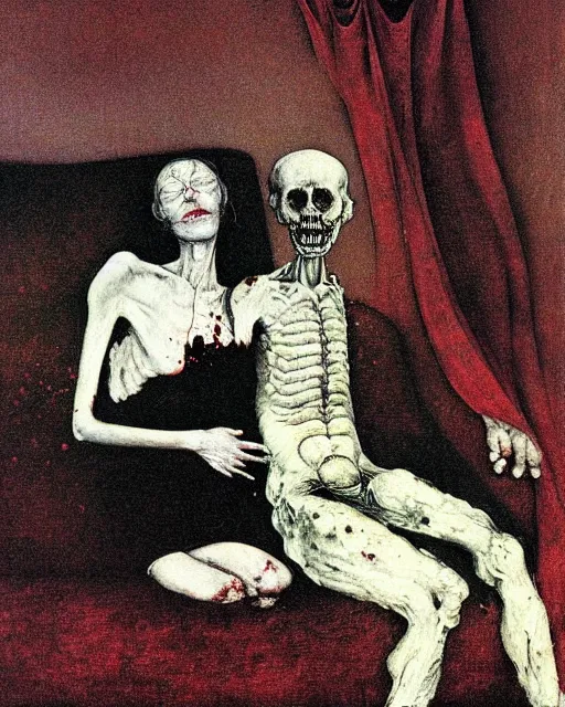 Image similar to an old dead couple sitting on an old couch in an old apartment watching a dog engulfed in flames,  Francisco Goya painting, part by Beksiński and EdvardMunch. art by Takato Yamamoto, Francis Bacon masterpiece