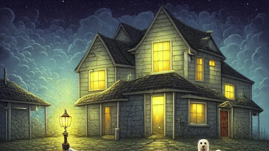 Image similar to a sad white dog in front of an empty house at night by cyril rolando and naomi okubo and dan mumford and ricardo bofill.. lovecraft.. cobbled streets.. oil lamp posts.. lovecraftian.. starry night swirly sky.