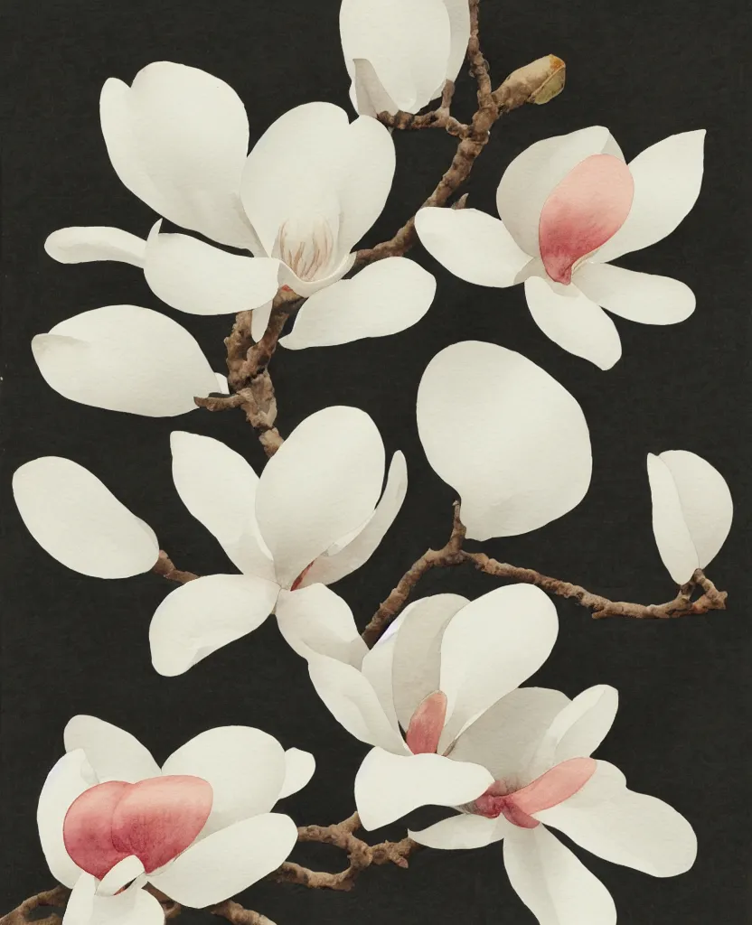 Image similar to japanese naturalist watercolor of magnolia sprig on white background. textbook.