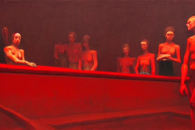 Image similar to only with red, crowd screaming, an exposed painting in a roman theater, in the style of beksinski, parts by edward hopper, parts by rodcenko, parts by yue minjun, intricate and epic composition, red by caravaggio, insanely quality, highly detailed, masterpiece, red light, artstation, 4 k