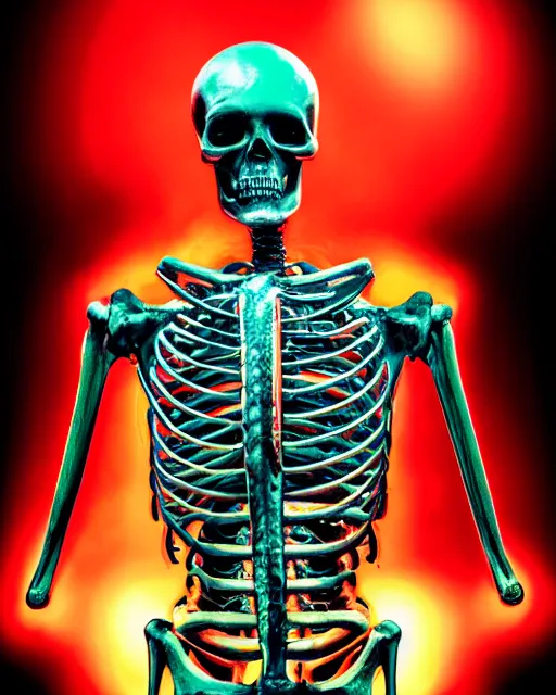 Prompt: dramatic cyberpunk portrait of a skeleton in a suit, colored skull, red green blue color glow, atmospheric haze, intense shading, optic ripple, backlit, bokeh, centered