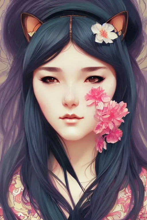 Image similar to A beautiful woman with cat ears who wears kimono, highly detailed, digital painting, artstation, concept art, smooth, sharp focus, illustration, art by artgerm and alphonse mucha, high definition digital art, in the style of Ross tran and ilya kuvshinov