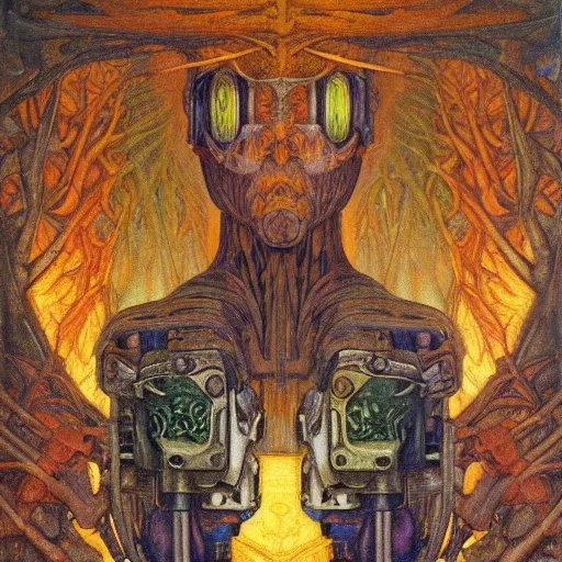 Image similar to robot seizes his forest crown, by Annie Swynnerton and Diego Rivera and Elihu Vedder, symbolist, dramatic lighting, elaborate geometric ornament, Art Brut, soft cool colors,smooth, sharp focus, extremely detailed, Adolf Wölfli and Donato Giancola