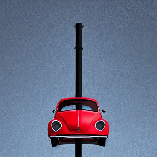 Image similar to red beetle car on top of a tall pole, digital art, photorealistic