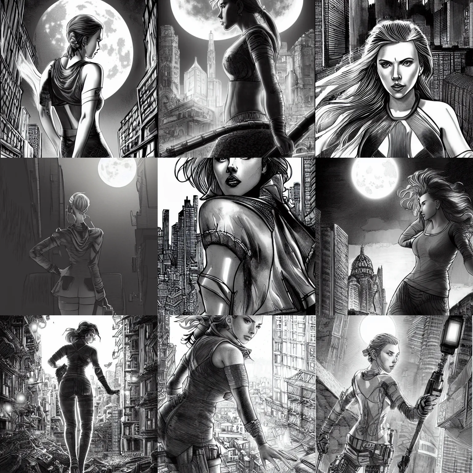 Prompt: elegant, intricate detail, looking towards camera, scarlett johansson, full body profile, dynamic wide angle lens, manga style, by rey bustos pencil and ink, full moon lighting, fully clothed, in a post apocalyptic city, dramatic lighting, super accurate human anatomy!!!