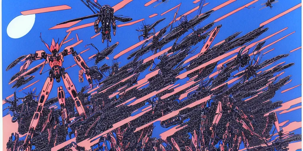 Image similar to risograph rendition of extremely - detailed black gigantic evangelion - like dragonfly mecha with a lot of blue children heads on it, ominous, intricate complexity, dramatic, epic composition, atmospheric, painting by moebius