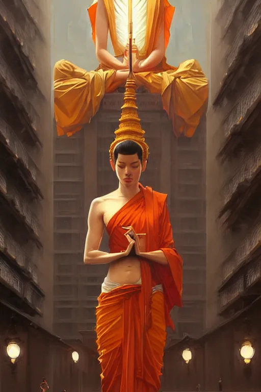 Image similar to city, buddhism, taoism, painting by greg rutkowski, j. c. leyendecker, artgerm