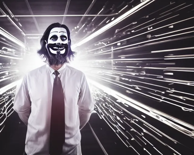 Image similar to man wearing guy fawkes mask doing science in large corporate laboratory, photo, cinematic lighting