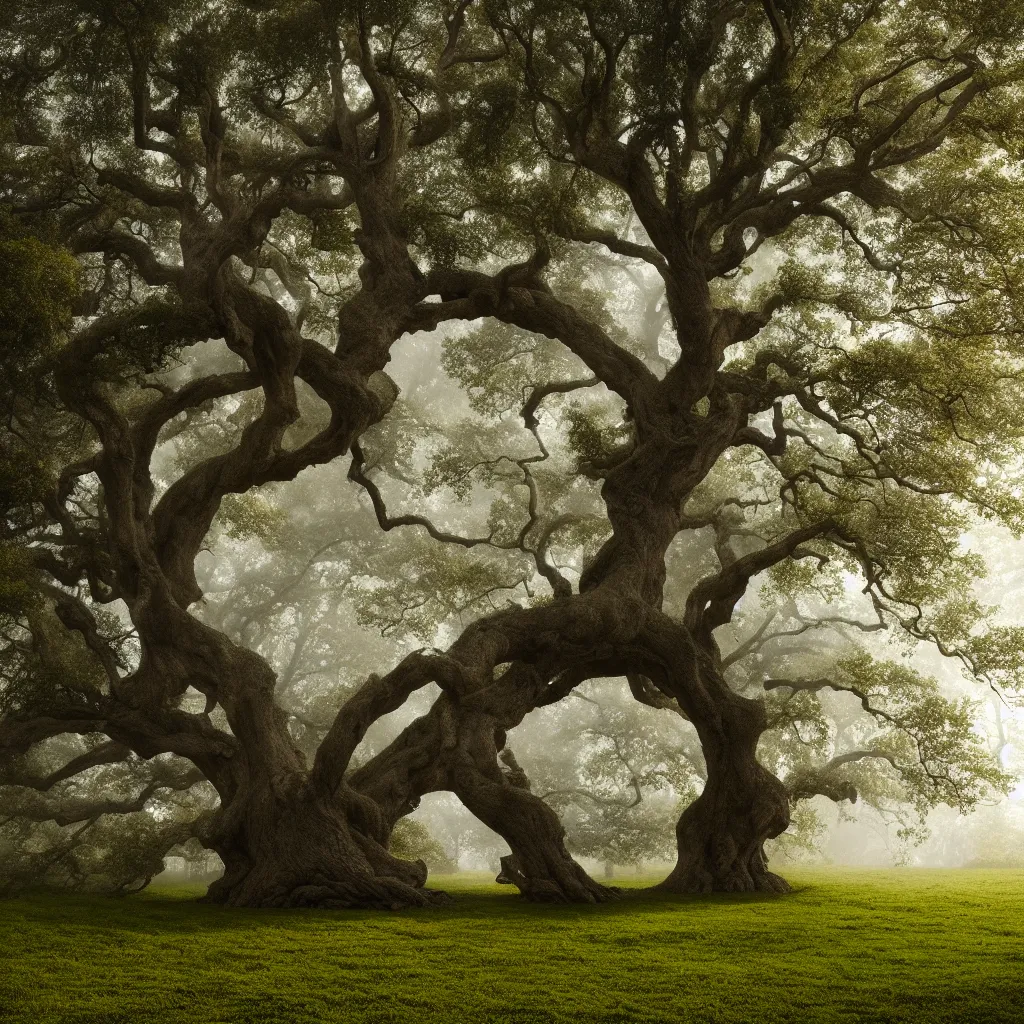 Image similar to old oak tree with one thick trunk with big tree hollow with rope ladder hanging down from the tree hollow, with foliage in four seasons colors, the tree is growing on a meadow, partially covered with morning fog, cinematic lighting, photo realistic image, 4K, super detailed, cinematic look