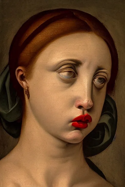 Image similar to renaissance painting of woman, angry face, emotions closeup, angry lips, angry eyes, dressed in roman clothes, ultra detailed, made in bronze, art by Guido Reni style