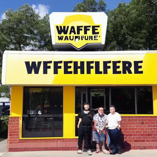 Image similar to wafflehouse employee's standing below wafflehouse sign