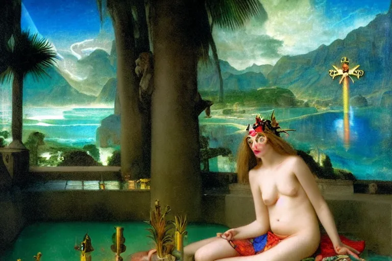 Image similar to Jester girl at the palace of the occult, refracted sparkles, thunderstorm, greek pool, beach and Tropical vegetation on the background major arcana sky and occult symbols, by paul delaroche, hyperrealistic 4k uhd, award-winning, very detailed paradise