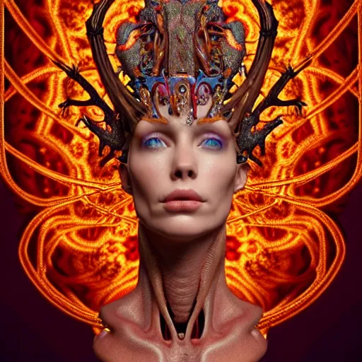 Prompt: a color high quality photo of a young beautiful female queen-dragon-cyborg bust with a very long neck and Mandelbrot fractal face, Mandelbrot fractal skin, flesh, anatomical, facial muscles, veins, arteries, elegant, highly detailed, flesh highly baroque ornate, hair are wired cables, elegant, high fashion, rim light, octane render, in the style of H.R. Giger and Flora Borsi, Realistic, Refined, Highly Detailed, Cinematic Lighting, rim light, photo-realistic, 8K