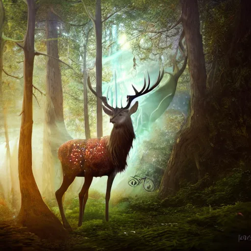 Image similar to photography of an hyper realistic elven, celestial highly detailed stag, in a magical highly detailed forest background. sunlight rays throught the trees. concept art 8 k rendering.