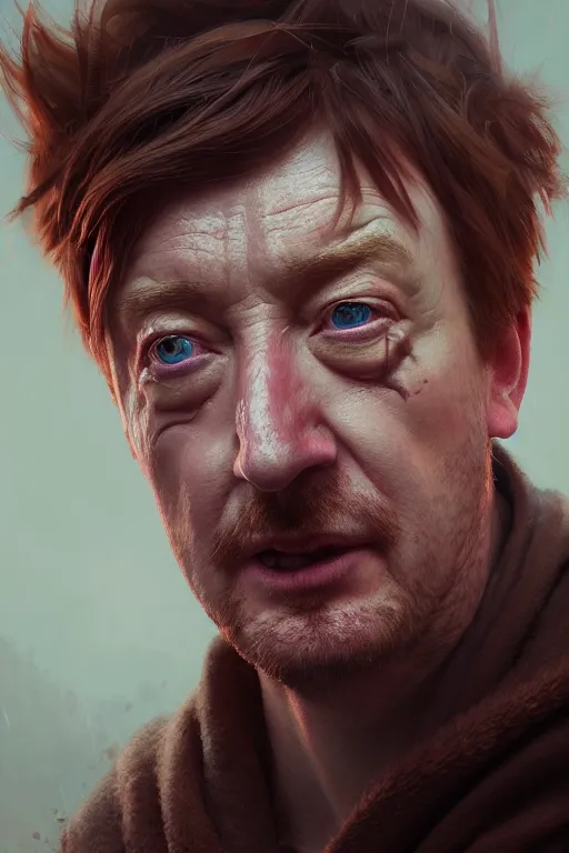 Image similar to ultra detailed close up facial portrait of rhys darby, extremely detailed digital painting, in the style of fenghua zhong and ruan jia and jeremy lipking and peter mohrbacher, mystical colors, rim light, beautiful lighting, 8 k, stunning scene, raytracing, octane, trending on artstation