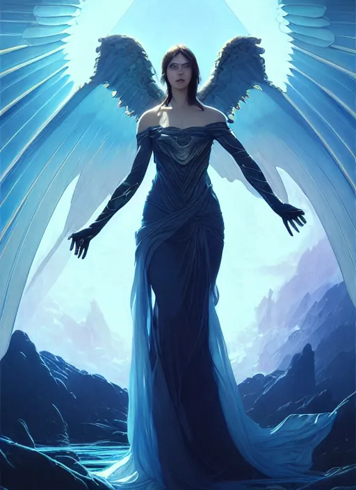 Image similar to a beautiful cinematic female archangel queen, fantasy sea landscape, fantasy magic, short aqua blue black fade hair, dark light night, intricate, elegant, sharp focus, illustration, highly detailed, digital painting, concept art, matte, art by WLOP and Artgerm and Greg Rutkowski and Alphonse Mucha, masterpiece