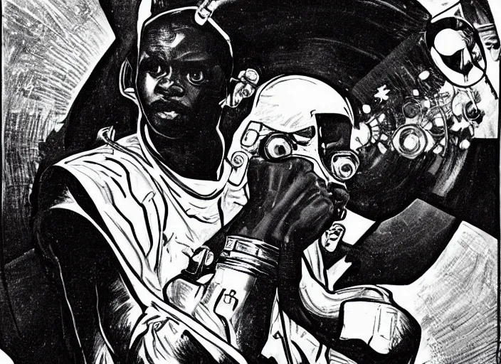 Prompt: an african man, dressed as an astronaut, well composed, clean, elegant painting, beautiful detailed face, comic book art by steve ditko and jack kirby and ( alphonse mucha )