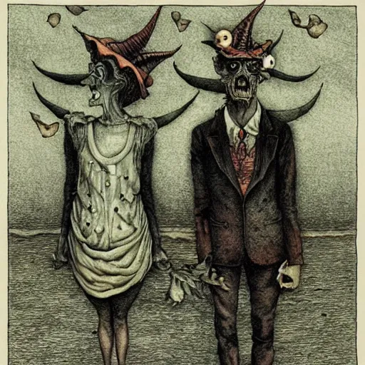 Image similar to the devil does a tap dance, by Santiago Caruso, and M.C. Escher, fairy-tale illustration style, very detailed, colorful, beautiful, eerie, surreal, psychedelic