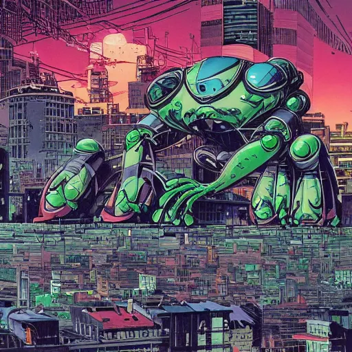 Image similar to huge frog robot devastating the city, by yoichi hatakenaka, masamune shirow, josan gonzales and dan mumford