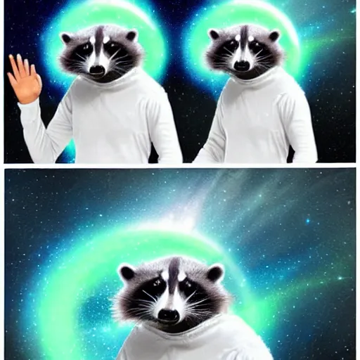 Image similar to cosmic raccoon, poorly photoshopped, meme template