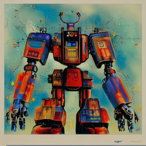 Image similar to colourful mecha robot, art drew struzan, stanley artgem lau