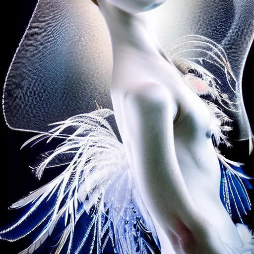 Prompt: portrait of beauteous, feathers, crystalline masterpiece incrustations, evocative, elegant pose, emotional expression, white pearlescent, chrome, iridescent titanium, crystal, liquid, volumetric cinematic lighting, keylight, backlit, dramatic, soft focus,